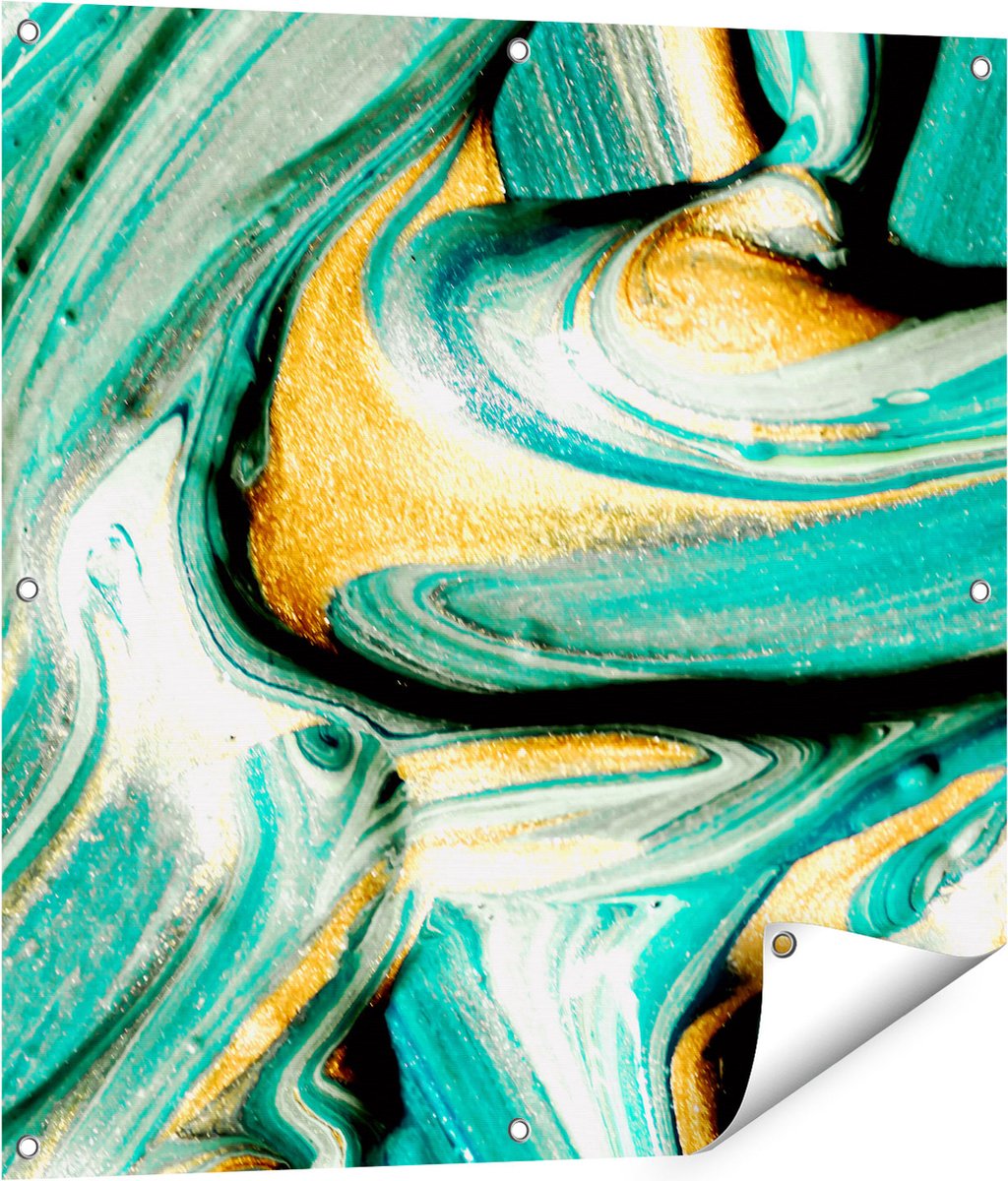 Gards Tuinposter Abstracte Kunst - Groen met Gouden Verf - 80x80 cm - Tuindoek - Tuindecoratie - Wanddecoratie buiten - Tuinschilderij Multikleur
