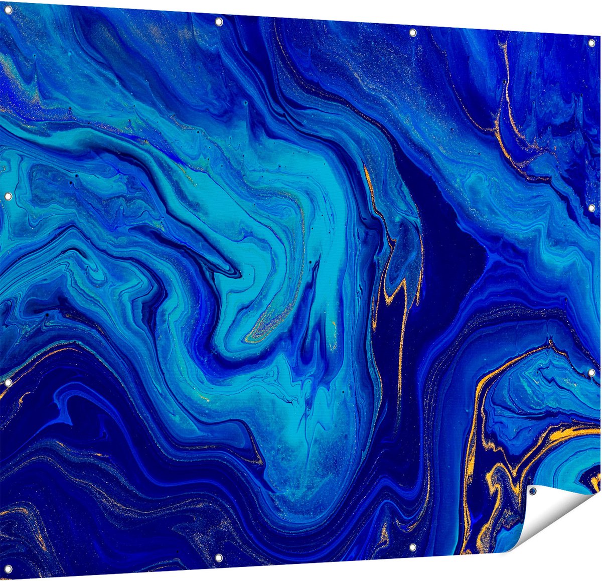 Gards Tuinposter Abstracte Kunst - Blauw met Gouden Verf - 150x120 cm - Tuindoek - Tuindecoratie - Wanddecoratie buiten - Tuinschilderij Multikleur