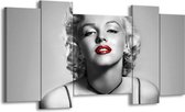 GroepArt - Schilderij - Marilyn Monroe - Grijs, Zwart, Rood - 120x65cm 5Luik - Foto Op Canvas - GroepArt 6000+ Schilderijen 0p Canvas Art Collectie - Wanddecoratie