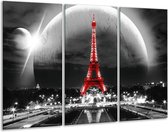 Glasschilderij Parijs, Eiffeltoren - Zwart, Wit, Rood - 120x80cm 3Luik - Foto Op Glas - Geen Acrylglas Schilderij - GroepArt 6000+ Glas Art Collectie - Maatwerk Mogelijk