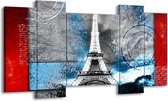 GroepArt - Schilderij - Parijs, Eiffeltoren - Grijs, Blauw, Zwart - 120x65cm 5Luik - Foto Op Canvas - GroepArt 6000+ Schilderijen 0p Canvas Art Collectie - Wanddecoratie