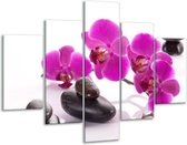 Glasschilderij -  Orchidee - Paars, Wit, Zwart - 100x70cm 5Luik - Geen Acrylglas Schilderij - GroepArt 6000+ Glasschilderijen Collectie - Wanddecoratie- Foto Op Glas