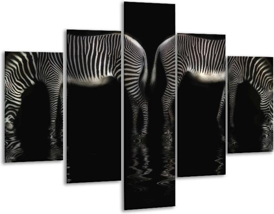 Glasschilderij -  Zebra - Zwart, Wit - 100x70cm 5Luik - Geen Acrylglas Schilderij - GroepArt 6000+ Glasschilderijen Collectie - Wanddecoratie- Foto Op Glas