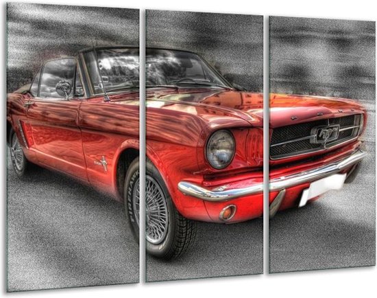 GroepArt - Schilderij -  Mustang - Rood, Zwart - 120x80cm 3Luik - 6000+ Schilderijen 0p Canvas Art Collectie