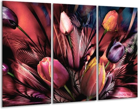 GroepArt - Schilderij -  Tulpen - Roze, Paars - 120x80cm 3Luik - 6000+ Schilderijen 0p Canvas Art Collectie