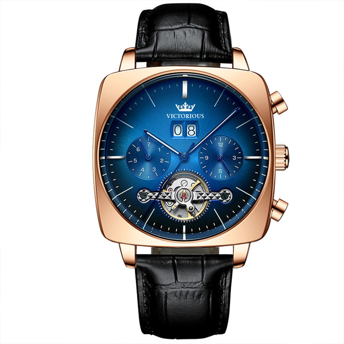 Victorious Zwart Leren Heren Horloge met Brons en Blauw Staal - Ventus - Ø43mm