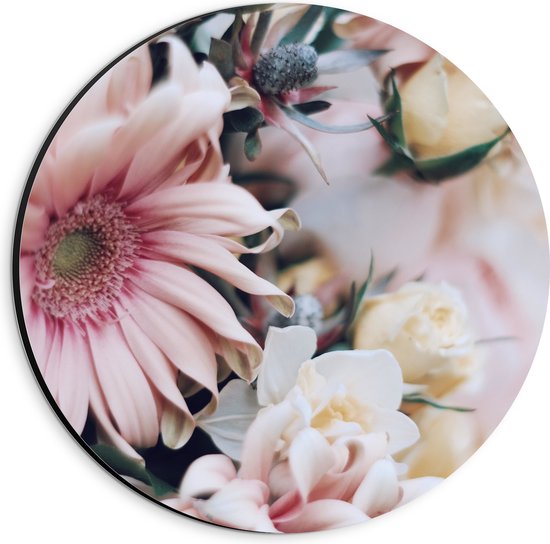 Dibond Muurcirkel - Roze met Witte Bloemen van Dichtbij - 20x20 cm Foto op Aluminium Muurcirkel (met ophangsysteem)