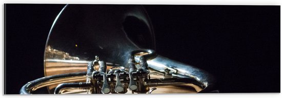 Dibond - Liggend Goud Blaas Instrument tegen Zwarte Achtergrond - 60x20 cm Foto op Aluminium (Wanddecoratie van metaal)