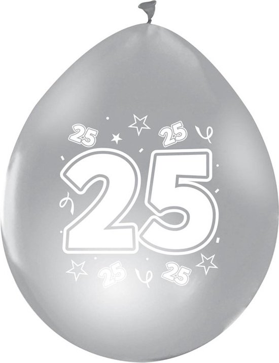 25 jaar Ballonnen zilver metalic - 12 inch - dubbelzijdig 8 stuks.