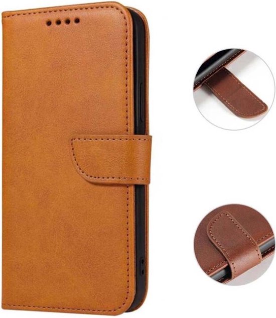 Bruin kunstleren telefoonhoesje met magnetische sluiting en kaartvakken.