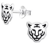 Joy|S - Zilveren tijger oorbellen - zilver met zwarte accentjes - 8.5 x 8 mm - luipaard panter oorknoppen