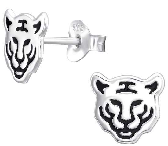 Joy|S - Zilveren tijger oorbellen - zilver met zwarte accentjes - 8.5 x 8 mm - luipaard panter oorknoppen