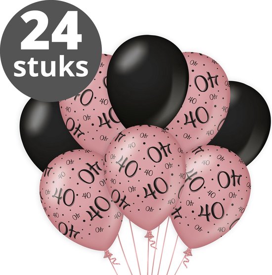 Verjaardag Versiering Pakket 40 jaar (24 stuks) Zwart en Roze - Ballonnen Roze & Zwart - Ballonnen Rose Goud / Black 40 jarige - Verjaardag 40 Birthday Meisje / Vrouw / Dames - Ballonnen verjaardag - Birthday Party Decoratie (40 Jaar)