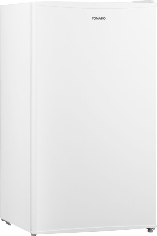 Gesloten witte Tomado tafelmodel vriezer, gezien vanaf de zijkant rechts. Strak design met TOMADO logo.