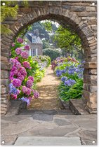 Affiche de jardin - Transparente - Hortensia - Fleurs - Maison - Jardin - 60x90 cm - Décoration de clôture - Toile de jardin