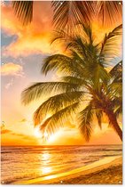 Tuinposter zonsondergang - Tuindecoratie tropisch strand - 120x180 cm - Tuinschilderij voor buiten - Tuindoek palmboom beach - Wanddecoratie tuin - Schuttingdoek - Balkon decoratie - Muurdecoratie - Buitenschilderij