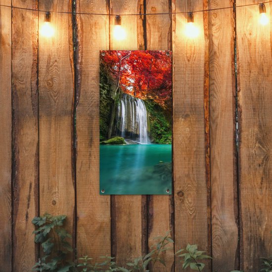 Poster de jardin Cascade - arbre - Rouge - Automne - Water - 40x80 cm - Décoration murale Outdoor - Poster de jardin - Toile de jardin - Poster de clôture - Tableau de jardin