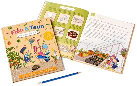 Een boek 'Fien & Teun' open met illustraties van tuinieren en groenten, naast een open kinderboek met tuinierillustraties.