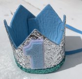 1e verjaardag cakesmash glitter hoedje zilver met mint en licht blauw - cakesmash - eerste - 1 - verjaardag - hoed - mint - zilver - blauw