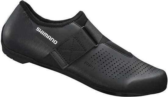 Zwarte Shimano fietsschoen met klittenbandsluiting, perforaties op de voorvoet en Shimano logo.