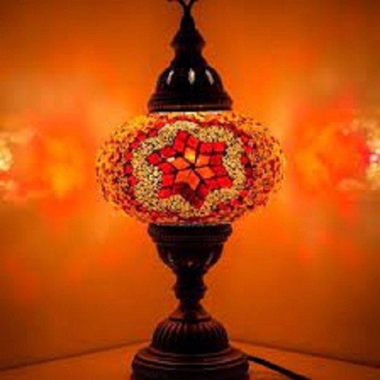 Mozaïek Lamp - Oosterse Lamp - Turkse Lamp - Tafellamp - Marokkaanse Lamp - Ø 19 cm - Hoogte 34 cm - Handgemaakt - Authentiek - Oranje