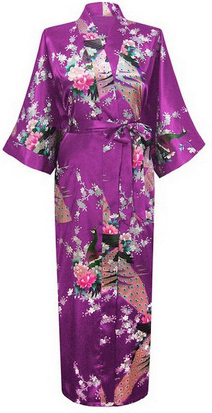 KIMU® Kimono Paars 3/4 - Maat L-XL - Yukata Satijn Onder de Knie - Driekwarts Paarse Ochtendjas Japanse Kamerjas Sexy Satijnen Badjas Geisha Bloemen Festival