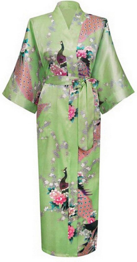 KIMU® Kimono Lichtgroen Satijn - Maat XL-XXL - Ochtendjas Yukata Kamerjas Badjas - Boven De Enkels Festival