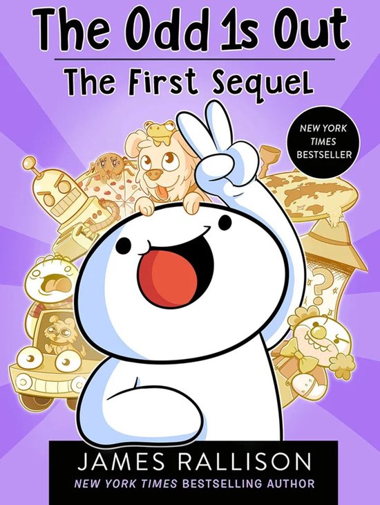 Boek kaft met "The Odd 1s Out: The First Sequel" en "New York Times Bestseller" tekst. Een wit figuur met een rode mond en twee vingers omhoog staat centraal. Diverse andere gele figuren en objecten, zoals een hond, robot en auto, zijn eromheen geplaatst.