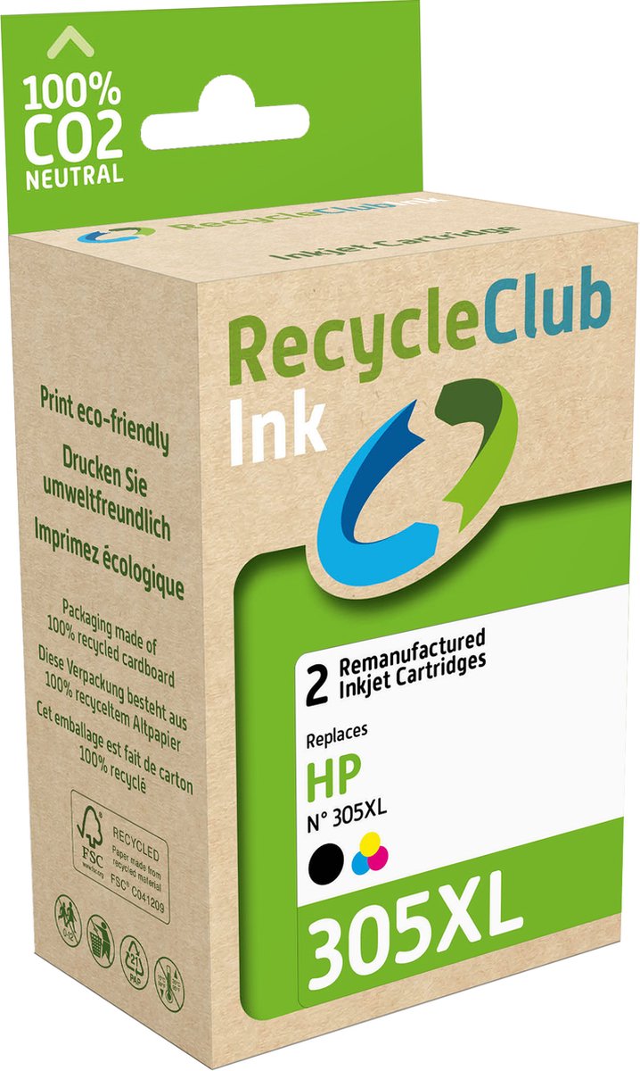 RecycleClub inktcartridge - Inktpatroon - Met inktniveaubeheer - ILM - Geschikt voor HP - Alternatief voor HP 305XL Zwart 18ml en Kleur 18ml - 2-pack - 650 pagina's en 350 pagina's