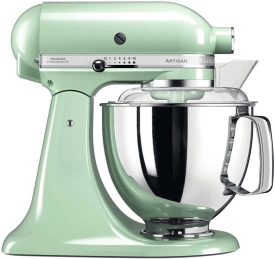 Pistachekleurige KitchenAid keukenmachine met RVS kom en spatdeksel, in profiel.