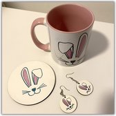 NB! Creative Boutique: Bunny Pink Coaster, Mug & earrings set / Set van onderzetter,mok & oorbellen konijn oren
