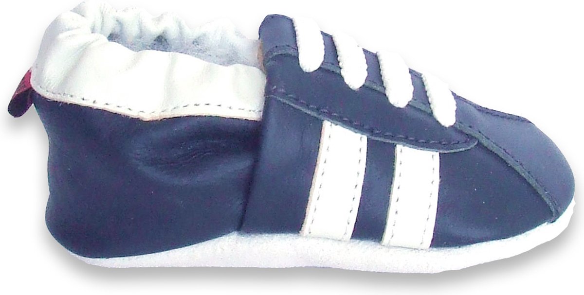 Aapie babyslofjes - Sneaker blauw wit - slofjes voor baby, dreumes - leer - antislip - eerste loopschoentjes - maat M