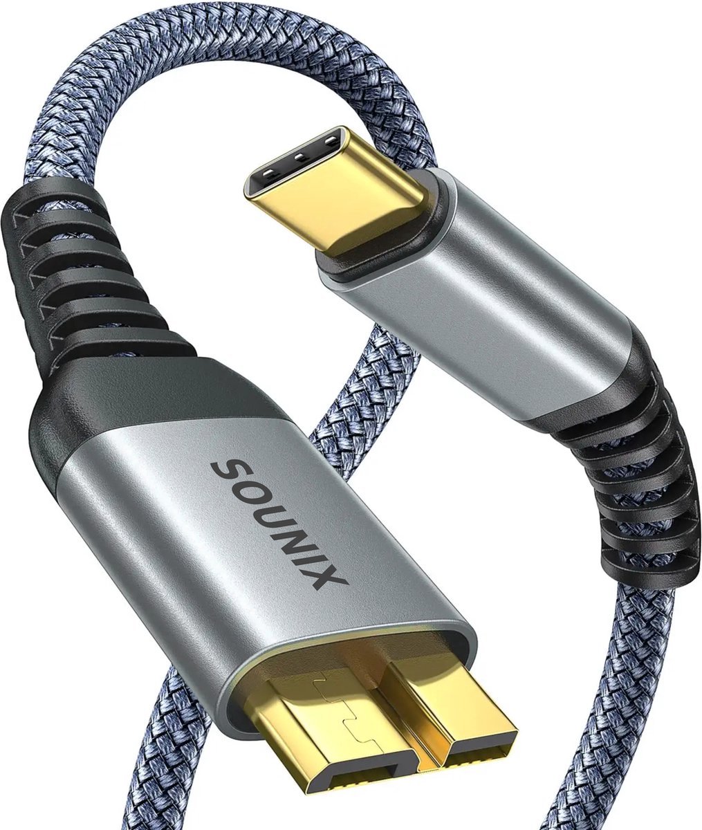 Sounix USB C naar micro B kabel - Harde schijf kabel - Micro B 3.0/5Gbps - 1.5 meter - Zwart