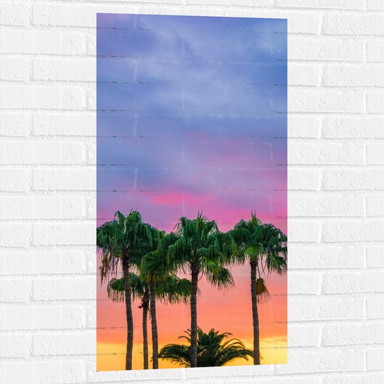 WallClassics - Muursticker - Palmbomen met Kleurrijke Lucht - 50x100 cm Foto op Muursticker