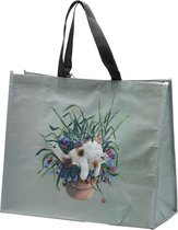 Kim Haskins Floral Cat in Plantpot Groen RPET Boodschappentas - 33x40x17cm