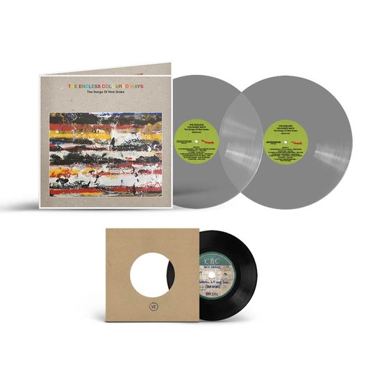 Albumhoes met abstract schilderij, twee grijze vinylplaten en een zwarte 7-inch single.