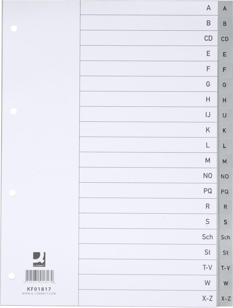 Q-CONNECT tabbladen, A4, PP, 4-gaatsperforatie, met indexblad, set van A-Z, 20 tabs, grijs 25 stuks