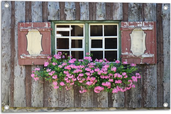 Tuinposter – Roze Bloemen bij het Raam - 75x50 cm Foto op Tuinposter (wanddecoratie voor buiten en binnen)