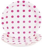 Papieren bordjes - wit met roze stippen - 8 stuks - 18 cm rond
