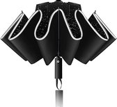 Omgekeerde winddichte reisparaplu, compacte omgekeerde paraplu met reflecterende strips, 10 ribben, automatisch opvouwbare paraplu voor heren en dames, zwart