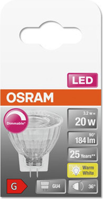 OSRAM LED spot GU4, 3.2W, 20W, 184lm, dimbaar, warm wit, 36 graden