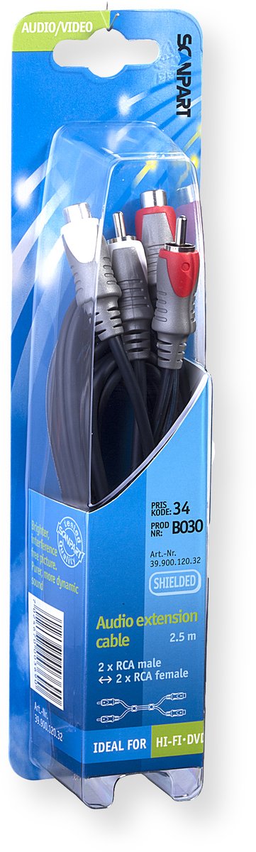 verlengkabel 2tulp(M)-(F) 2,5m