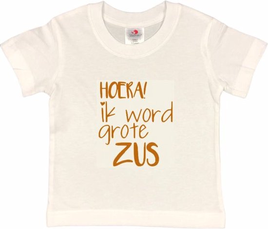 Shirt Aankondiging zwangerschap Ik word grote zus | korte mouw | tan | maat 98/104 zwangerschap aankondiging bekendmaking Baby big sis sister