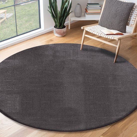 the carpet RELAX – Extra Zacht & Wasbaar Vloerkleed tot 30°C met Antislip Onderzijde – Fluweelachtige Structuur – Voor Slaapkamer of Woonkamer – Antraciet, rond 200 cm