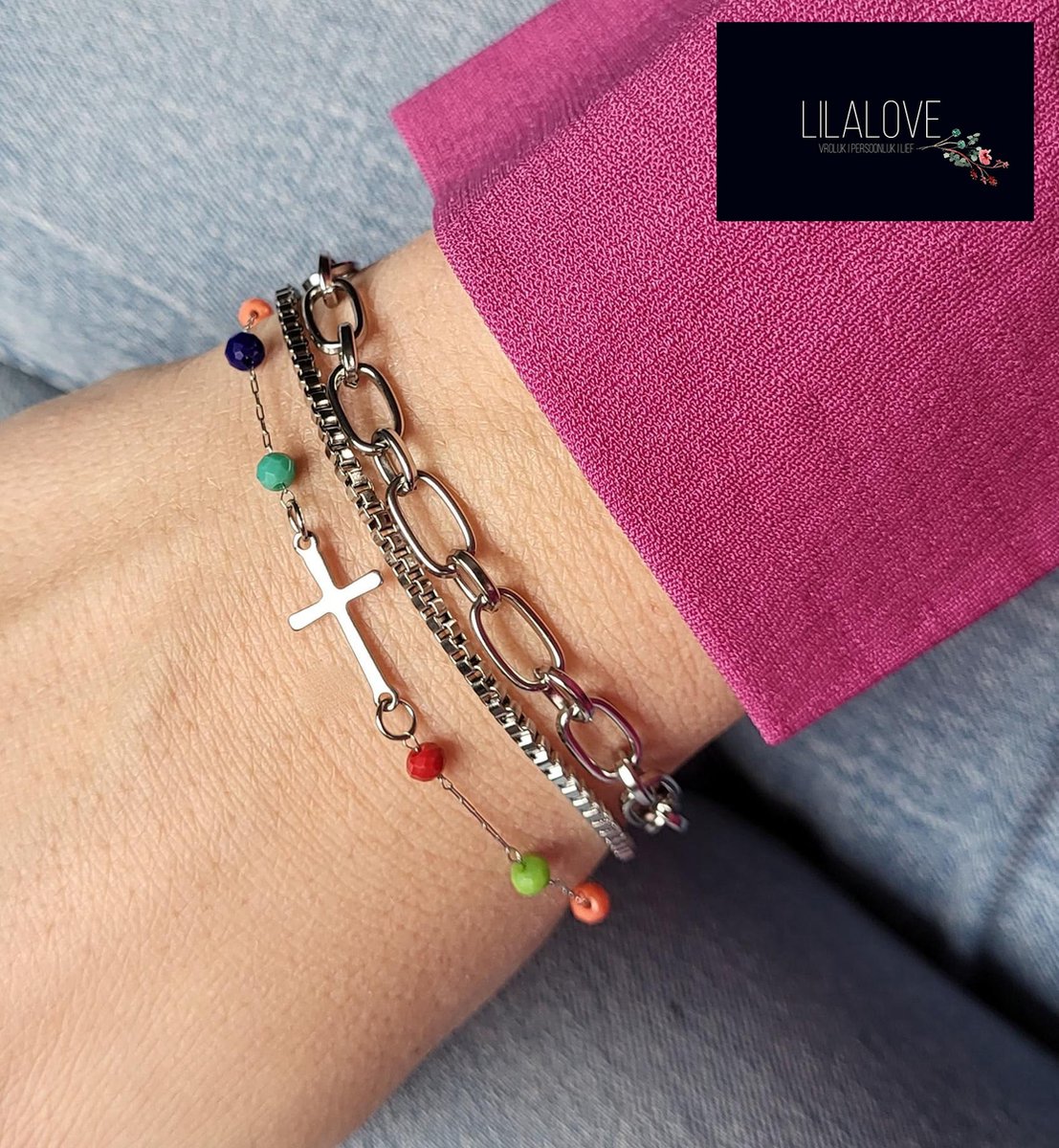 LiLaLove Armband Dames- Kruisje- 3 Laags- Zilver Multi Color- Vrouw