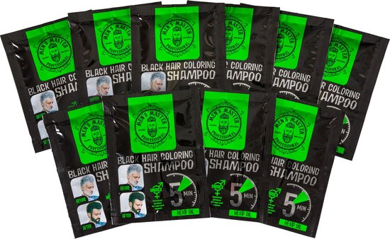 Tien zakjes Men's Master Black Hair Coloring Shampoo, zwart verpakt met groene accenten. Toont man met grijs naar zwart haar.