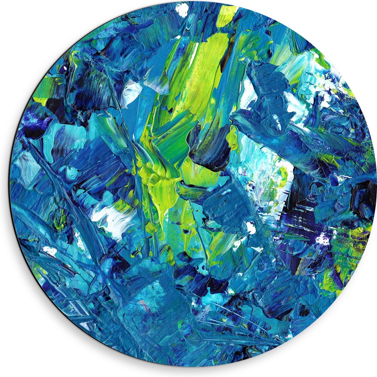 Dibond Muurcirkel - Gemixte Verf in Blauwe en Groene Kleuren - 50x50 cm Foto op Aluminium Muurcirkel (met ophangsysteem)