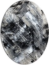 Dibond Ovaal - Abstracte Verfmix van Zwart en Wit Tinten - 51x68 cm Foto op Ovaal (Met Ophangsysteem)