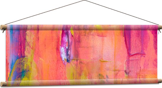 Textielposter - Abstracte Vakken in Schilder in Roze, Blauw, Geel en Oranje - 90x30 cm Foto op Textiel