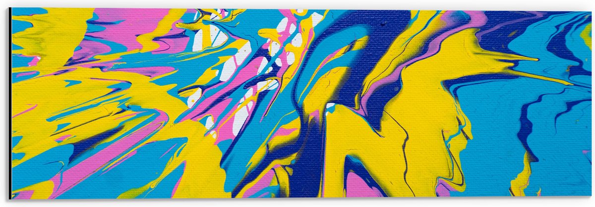 Dibond - Mix van Felle Kleuren Verf in Geel, Blauw en Roze - 60x20 cm Foto op Aluminium (Wanddecoratie van metaal)